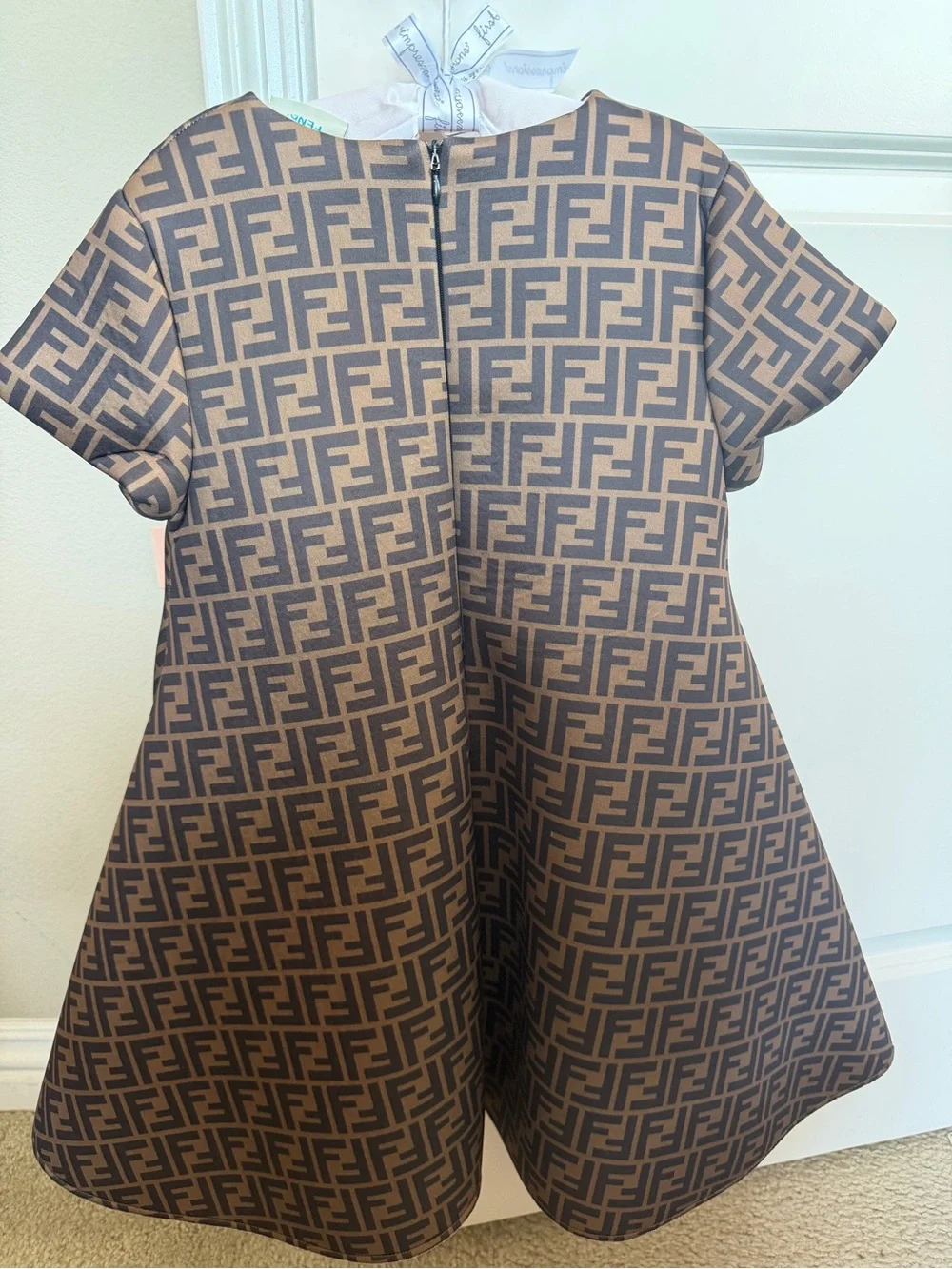 Fendi Kids Brown and Cream Monogram Dress with Bow Detail
